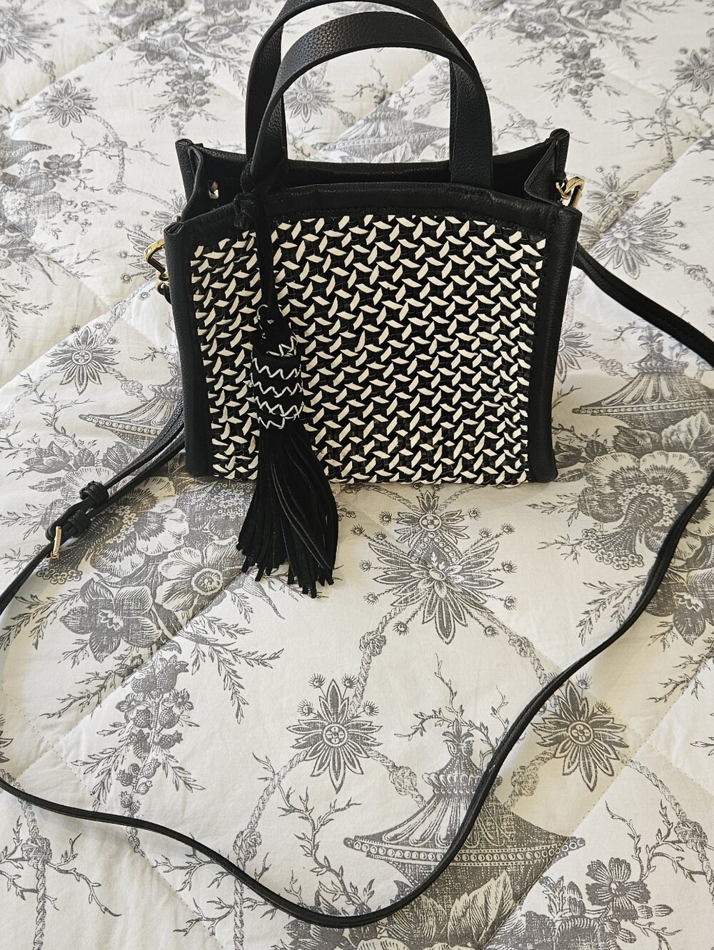Vince Camuto Black & White Woven Crossbody with Tassel